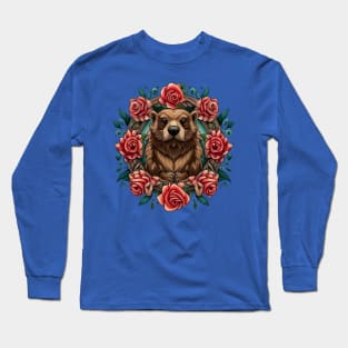 North American Beaver Surrounded By Roses New York State Tattoo Art Long Sleeve T-Shirt